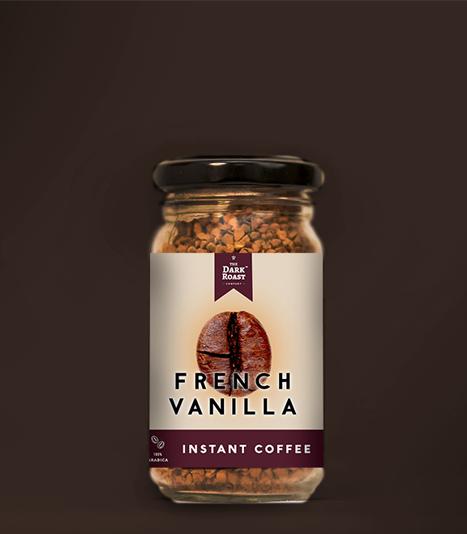 French Vanilla flavored 100% Arabica Flavored Instant Coffee by The Dark Roast Company, 50 gm packaged bottle, Freeze Dried Instant Coffee