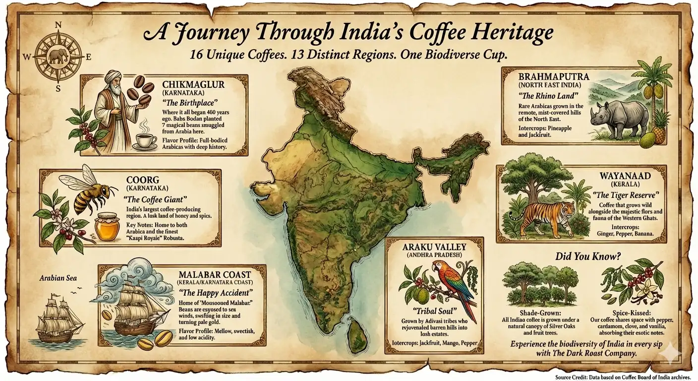 Discover the secrets of Indian coffee—from the mist-soaked hills of Coorg to the tribal lands of Araku. Learn why India’s shade-grown, spice-intercropped beans offer a flavor profile unlike any other.